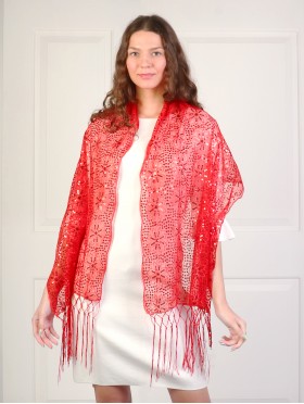 Sequined Flower Mesh Scarf W/ Fringe